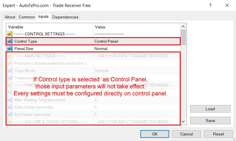 Pick a control style — Input tab — Control Type set to Control Panel