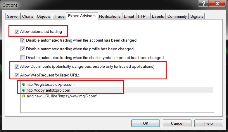 Allow trading and web access — Options → Expert Advisors with both URLs added