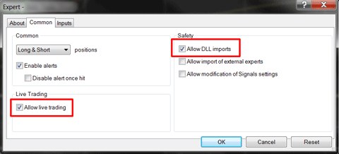 Add the Expert Advisor — Common tab — allow DLL imports and live trading